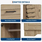 43.3 H Wood Armoire Wardrobe Closet with 4 Drawers & Hanging Rod, Multifunctional Bedroom Clothing Storage Cabinet Dresser