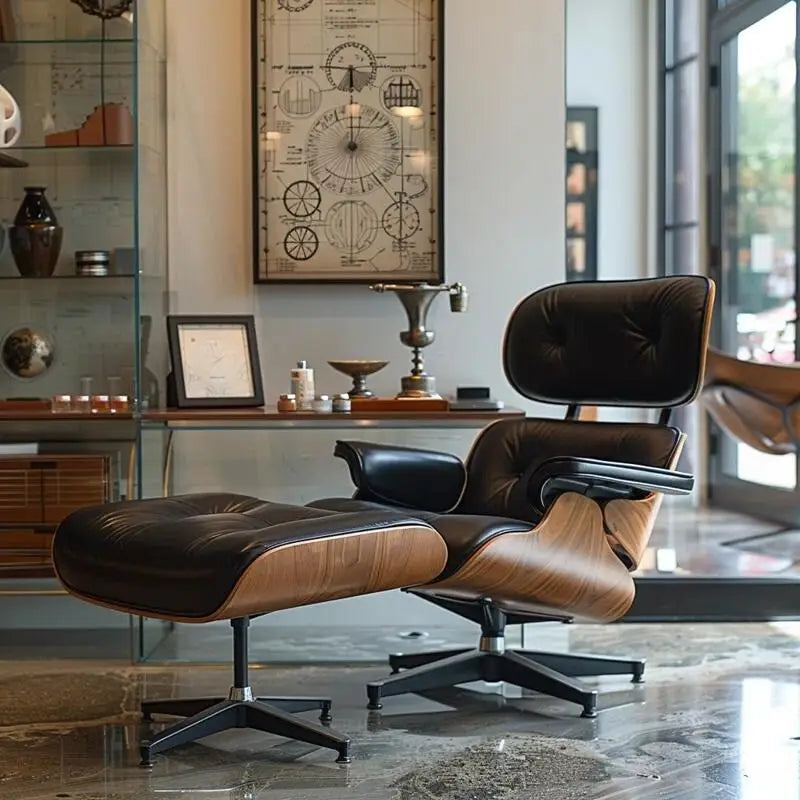 Furgle fauteuil van echt leer met bijpassende voetenbank, walnoothout