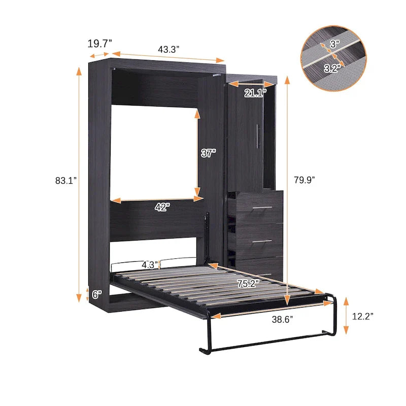 Graues klappbares Schrankbett mit Kleiderschrank und 3 Schubladen, Doppelbett/Einzelbett, für 1 Person