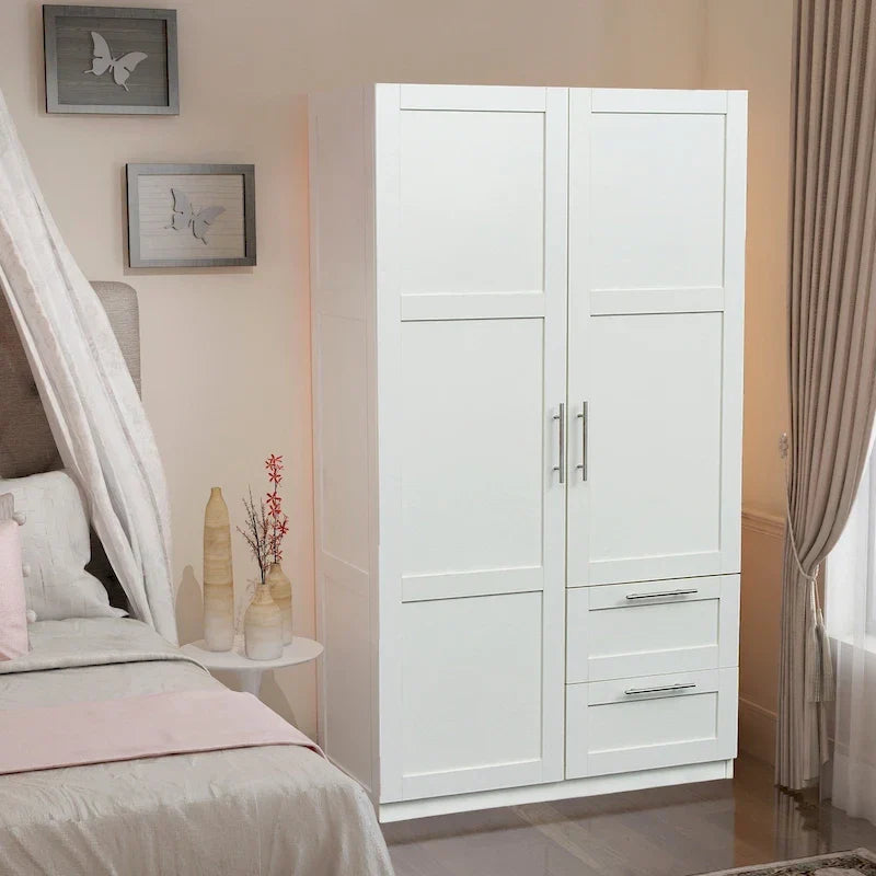 Armoire-penderie en bois blanc avec portes, tiroirs et tringle