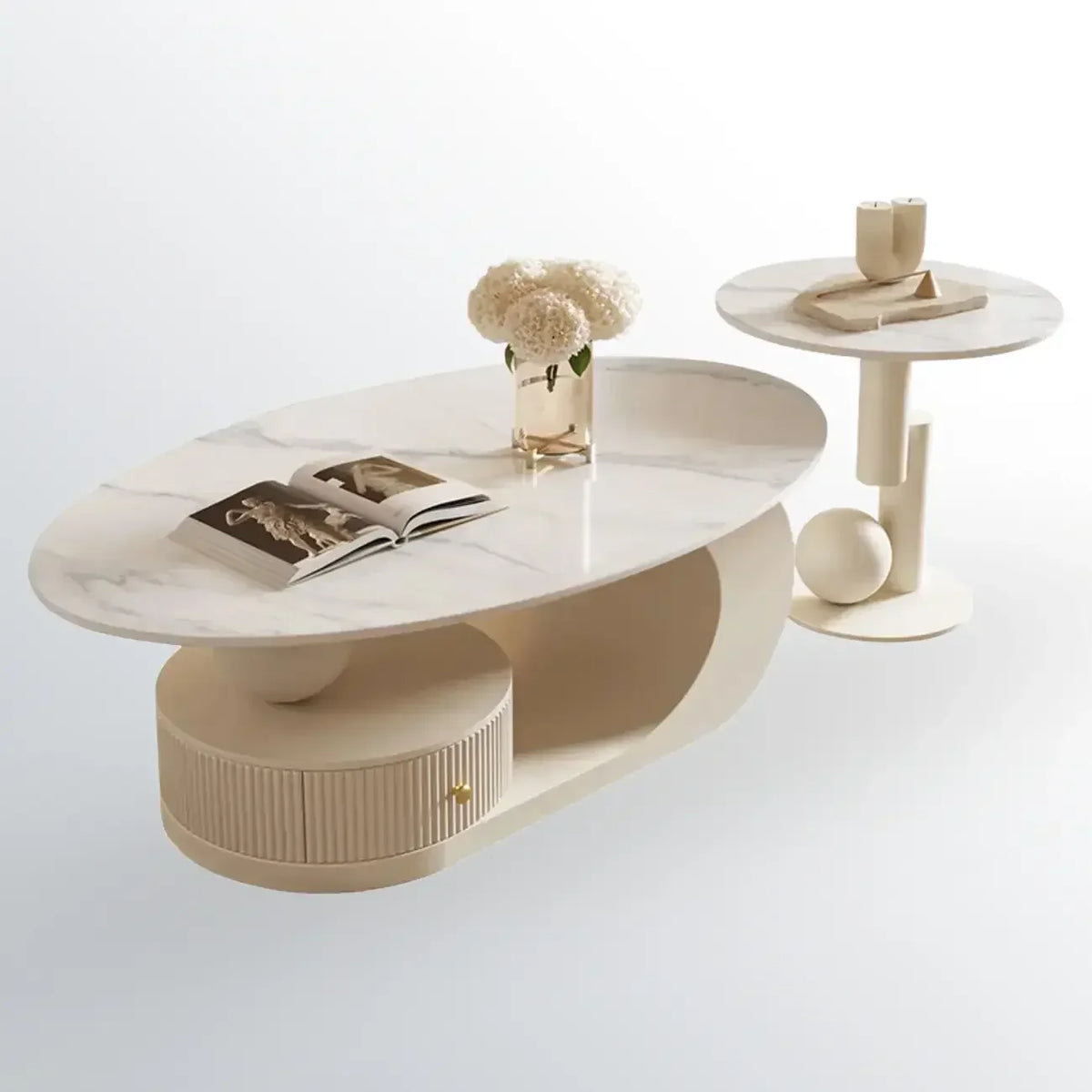 Moderne salontafel met wit stenen blad en krasbestendige afwerking