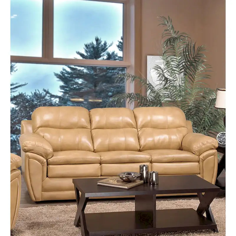 Simon Sofagarnitur aus hellbraunem Lederimitat mit Ledergel, bestehend aus Sofa, Loveseat und Sessel