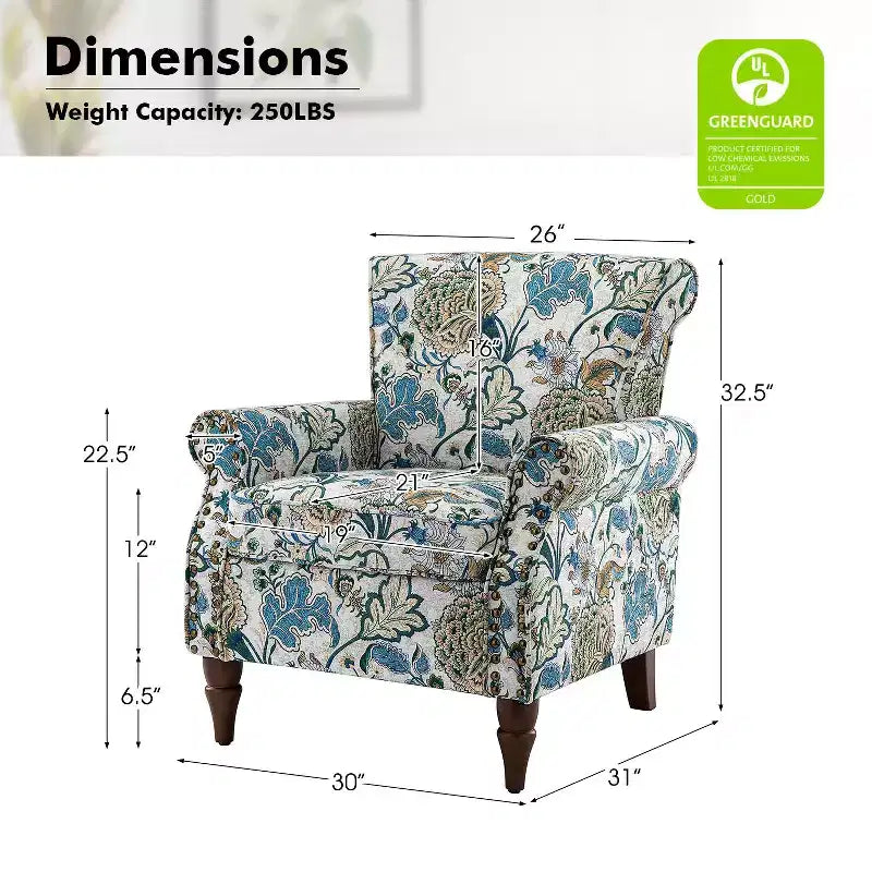 Fauteuil traditionnel Araceli en bois, rembourré à motif floral, avec dossier à oreilles et bordure cloutée| ART OF LIVING DESIGNS