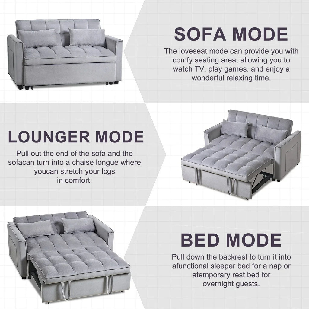 Modernes ausziehbares Schlafsofa, 3-in-1-Schlafsofa mit verstellbarer Rückenlehne, Samt-Loveseat, Kissen und Seitentaschen