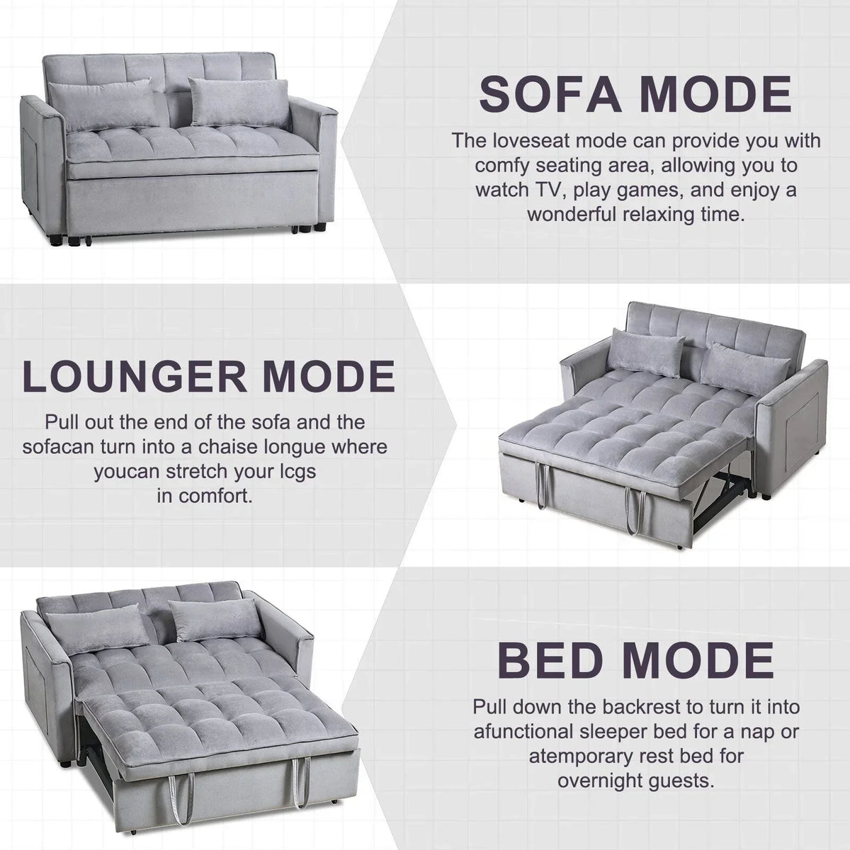 Modernes ausziehbares Schlafsofa, 3-in-1-Schlafsofa mit verstellbarer Rückenlehne, Samt-Loveseat, Kissen und Seitentaschen