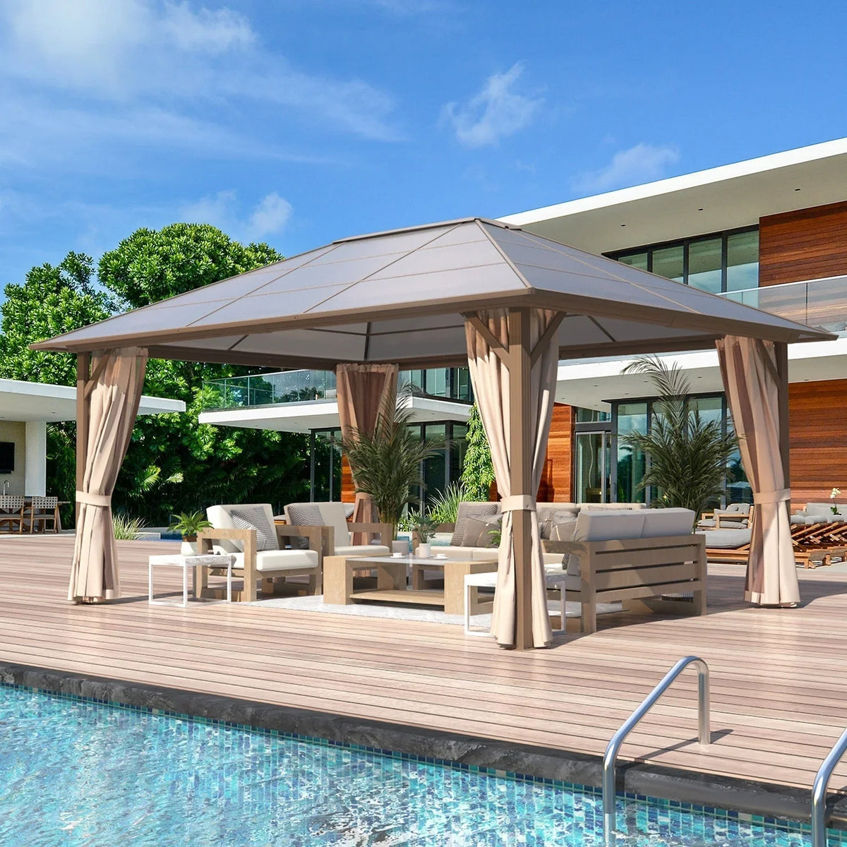EROMMY Pavillon mit festem Dach, Outdoor-Pergola mit Doppeldach, Netzvorhängen und Vorhängen, robustes Vordach für Terrasse, Garten und Poolpartys