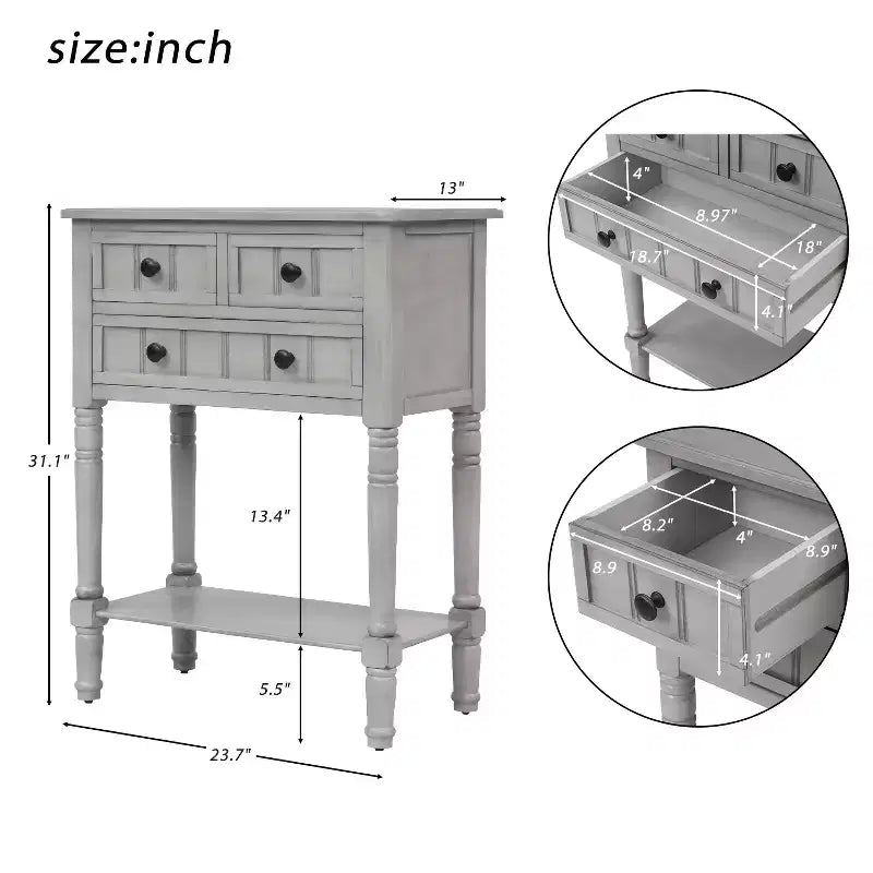 Smalle consoletafel van 60,2 cm met 3 laden en plank, sofatafel voor kleine entrees of woonkamers