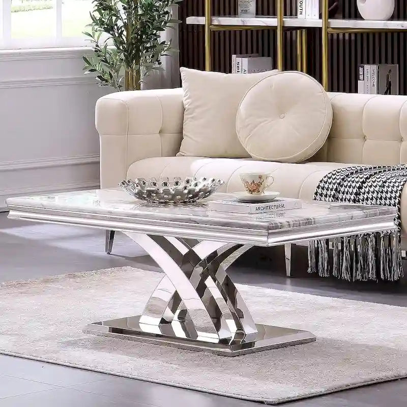 Moderner Couchtisch, 48 Zoll, rechteckig, mit X-förmigem Sockel für das Wohnzimmer