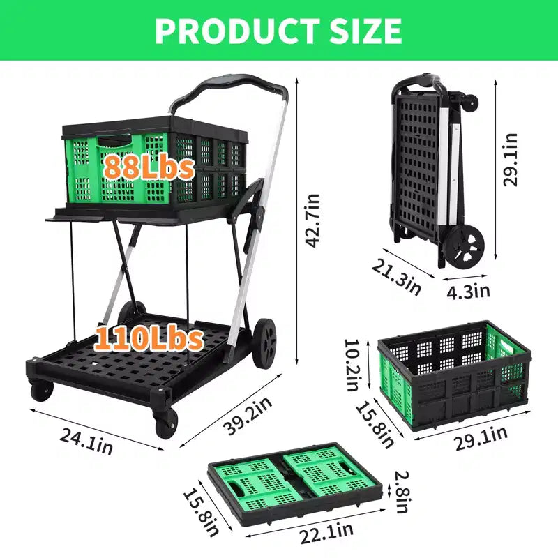 Chariots de courses pliants à 2 niveaux pour provisions, capacité de 198 lb, chariot à provisions pliable et portable avec roues et caisse amovible pour centre commercial et marché, bleu