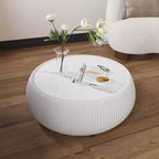 Table basse ronde moderne en forme de tambour Okak avec plateau en marbre et côtés en cuir, table centrale élégante pour le salon ou la chambre