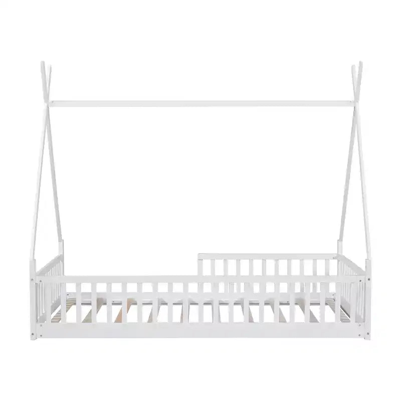 Bodenbett für Kinder, Zeltbett in Einzelgröße, Montessori-Bodenbett mit Lattenrost und Schutzgittern, Holzhaus-Bettrahmen für Jungen und Mädchen