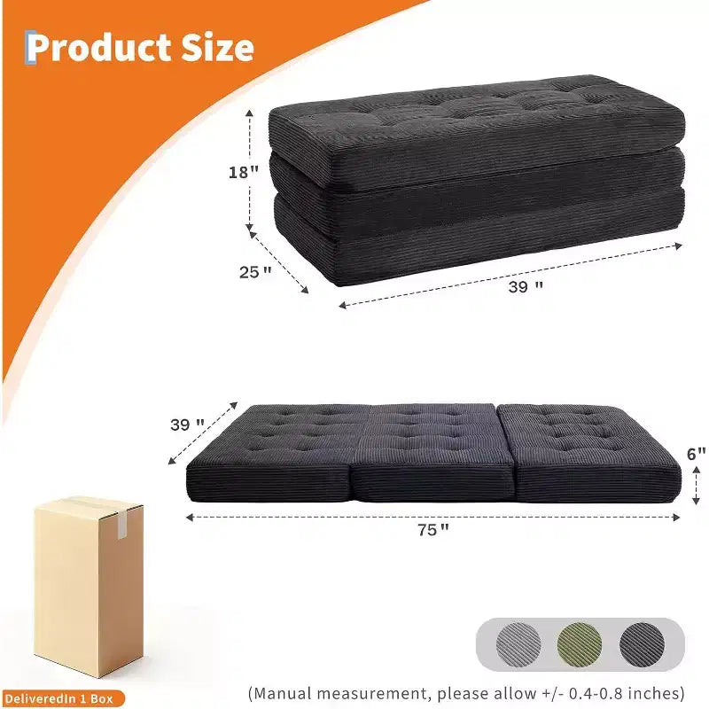 39x75 dreifach faltbares Schlafsofa aus Memoryschaum, 6-fach gesteppte Matratze