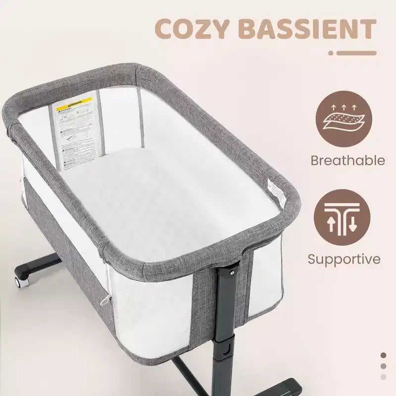 Babywiegje met wielen ??Beige / Grijs / Roze, aanschuifwiegje, voor 1 baby
