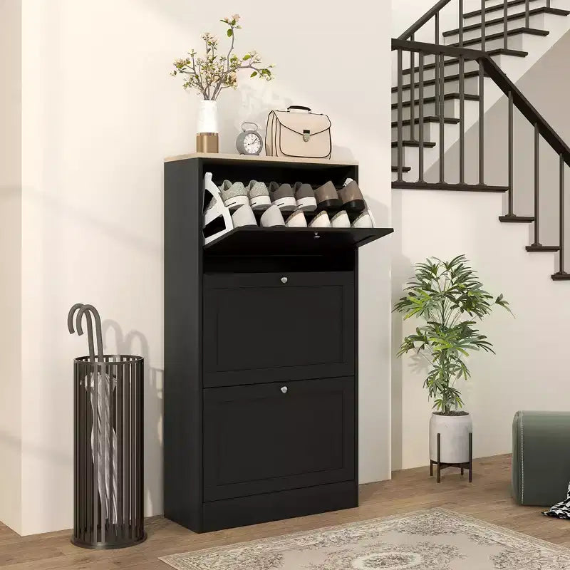 HOMCOM smalle schoenenkast voor de hal met 3 klepkasten en verstelbare planken, schoenenrek en organizer voor 12-18 paar schoenen
