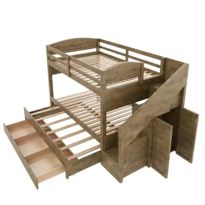 Cadre de lit superposé Whisen Twin XL avec lit gigogne, rangement, escalier de rangement en bois massif, armoire et 3 tiroirs, pour enfants