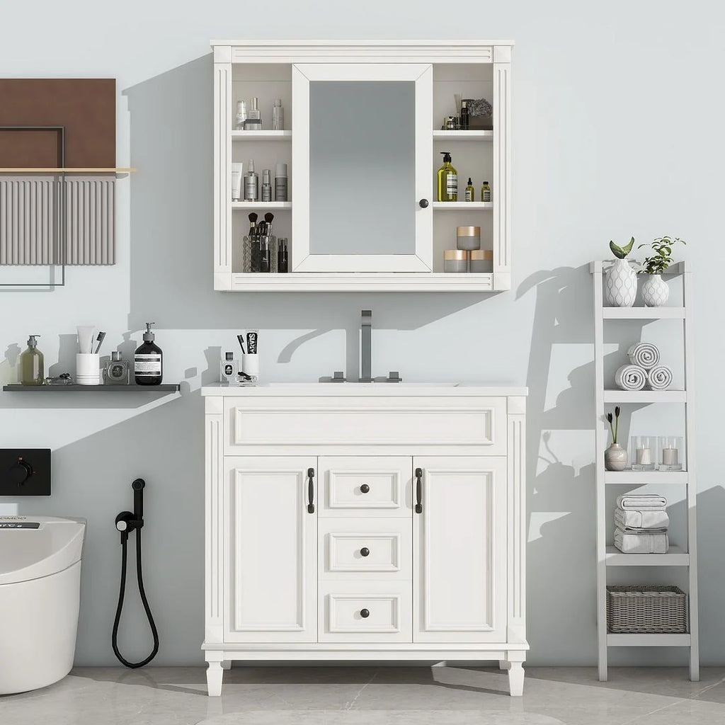 Meuble-lavabo moderne de salle de bains de 36 po avec vasque sur plan, armoire à miroir, 2 portes et 2 tiroirs