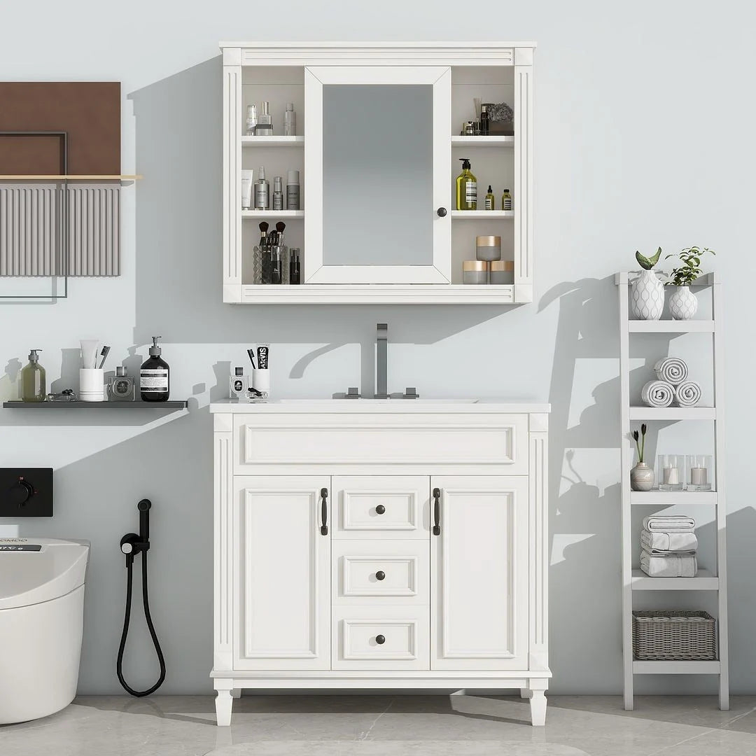 Meuble-lavabo moderne de salle de bains de 36 po avec vasque sur plan, armoire à miroir, 2 portes et 2 tiroirs