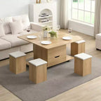 Table basse moderne multifonctionnelle relevable avec rangement dissimulé, 4 tabourets et roulettes, idéale pour les espaces de vie modernes