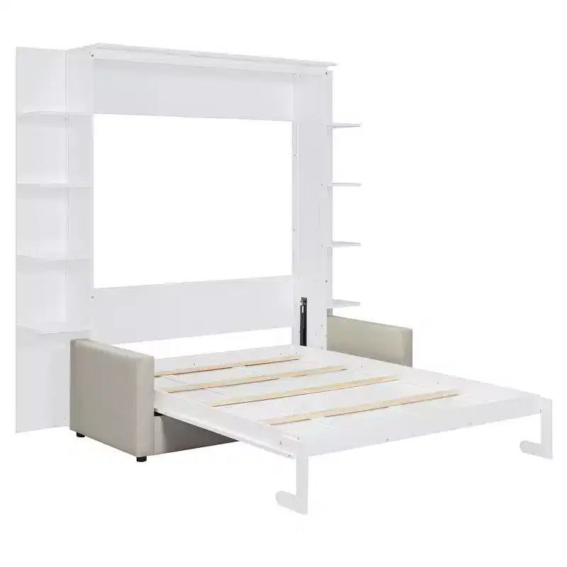 Lit escamotable mural queen size avec canapé, lit armoire pliant queen size avec bibliothèque et étagères pour chambre d’amis ou bureau