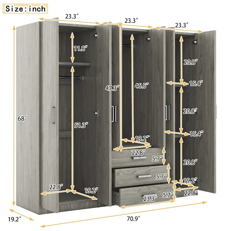 Armoire de rangement en bois à 6 portes avec 3 grands tiroirs pour chambre
