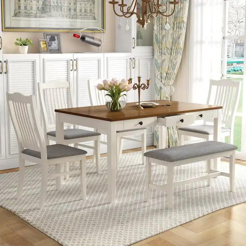 6-delige houten eetkamerset met 4 stoelen en bank, tafel met lade