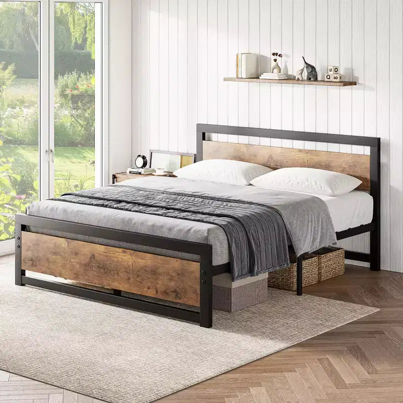 Cadre de lit robuste avec tête et pied de lit, plateforme métallique avec espace de rangement de 13,8, montage silencieux et sans outils, marron vintage