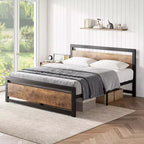 Cadre de lit robuste avec tête et pied de lit, plateforme métallique avec espace de rangement de 13,8, montage silencieux et sans outils, marron vintage