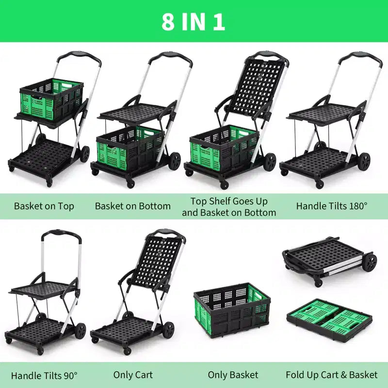 Chariots de courses pliants à 2 niveaux pour provisions, capacité de 198 lb, chariot à provisions pliable et portable avec roues et caisse amovible pour centre commercial et marché, bleu