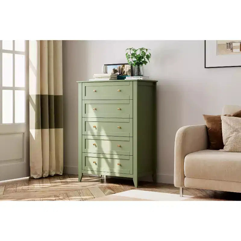 Commode haute de 42,5 po à 5 tiroirs pour chambre, armoire de rangement en bois avec tiroirs profonds de 11,9 po et boutons en métal doré, idéale pour l’entrée ou le couloir