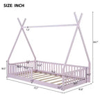 Bodenbett für Kinder, Zeltbett in Einzelgröße, Montessori-Bodenbett mit Lattenrost und Schutzgittern, Holzhaus-Bettrahmen für Jungen und Mädchen