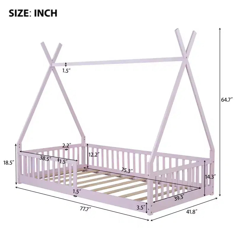 Bodenbett für Kinder, Zeltbett in Einzelgröße, Montessori-Bodenbett mit Lattenrost und Schutzgittern, Holzhaus-Bettrahmen für Jungen und Mädchen