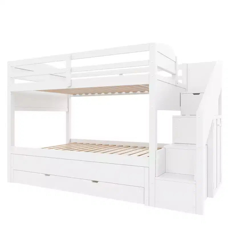 Cadre de lit superposé Whisen Twin XL avec lit gigogne, rangement, escalier de rangement en bois massif, armoire et 3 tiroirs, pour enfants