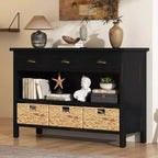 Console d’entrée avec rangement, table de couloir de style champêtre avec 3 tiroirs et 3 paniers en jacinthe d’eau pour le salon ou le vestibule – Panipeachy