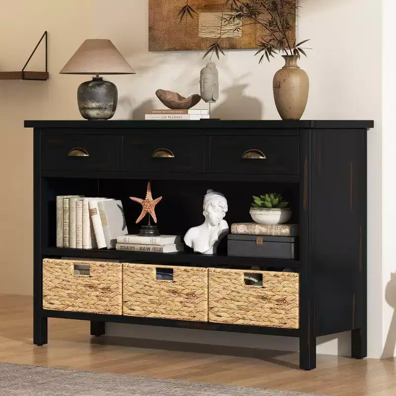 Console d’entrée avec rangement, table de couloir de style champêtre avec 3 tiroirs et 3 paniers en jacinthe d’eau pour le salon ou le vestibule – Panipeachy
