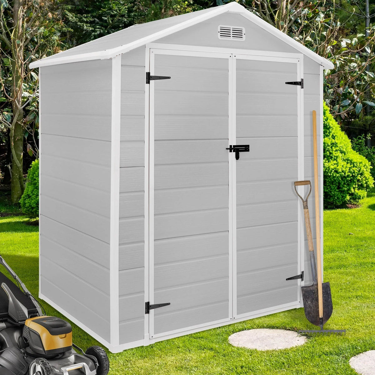 Opslagschuur van 6 ft x 4 ft/6 ft x 8 ft/8 ft x 6 ft/8 ft x 10 ft, weerbestendig kunststofhars voor buiten met vloer, gereedschapsschuur met puntdak