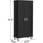 Garagekast met wielen en gatenbord, afsluitbare metalen opbergkast van 72 inch hoog met 2 deuren en 4 verstelbare planken voor garage en werkplaats