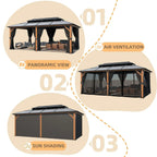 EROMMY Pavillon mit festem Dach, Outdoor-Pergola mit Doppeldach, Netzvorhängen und Vorhängen, robustes Vordach für Terrasse, Garten und Poolpartys