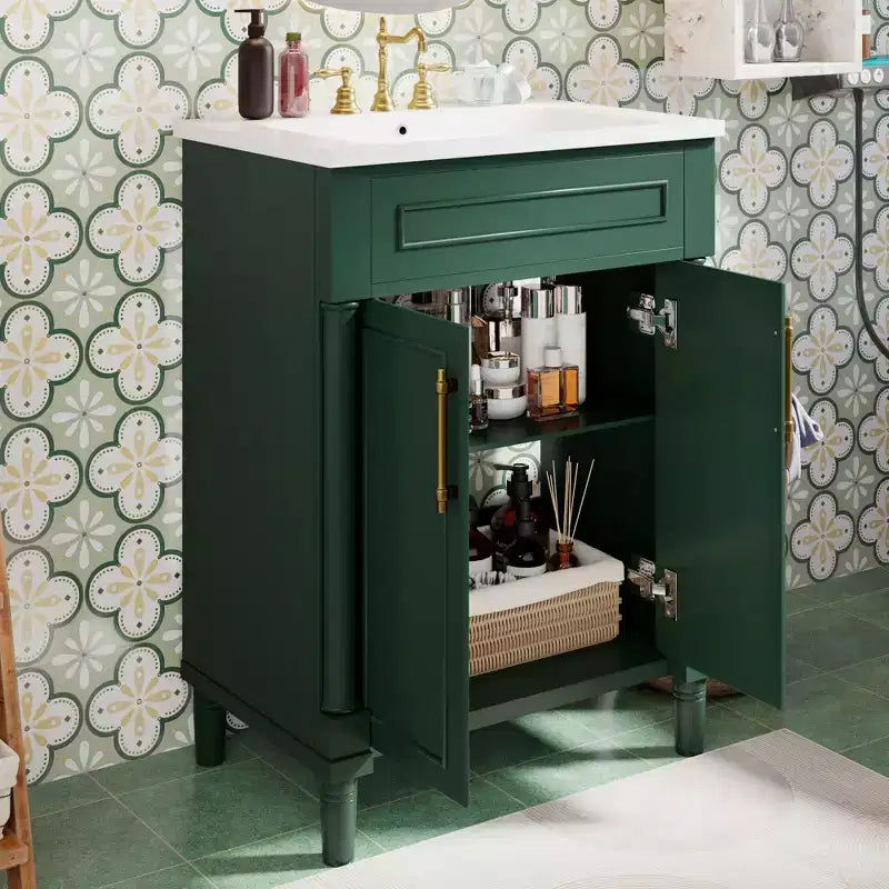 24-Zoll-Badezimmerunterschrank mit Keramikwaschbecken, Shaker-Schrank, 2 Türen mit Soft-Close-Funktion und Rahmen aus Massivholz für kleine Badezimmer oder Gäste-WCs