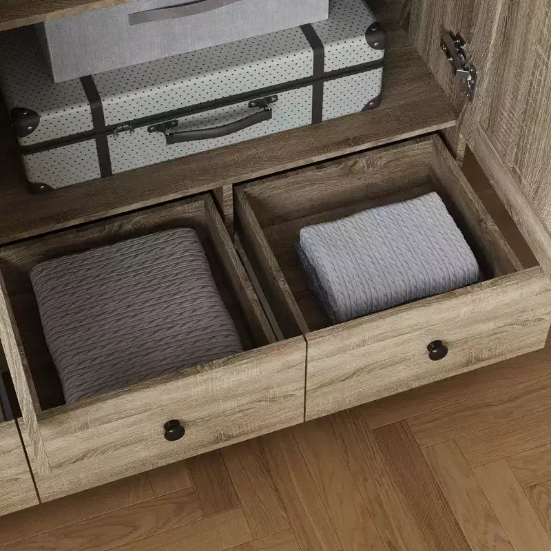 Famapy rotan kledingkast met 3 laden, kast met 3 ademende rotandeuren, hoge opbergkast in boerderijstijl voor de slaapkamer