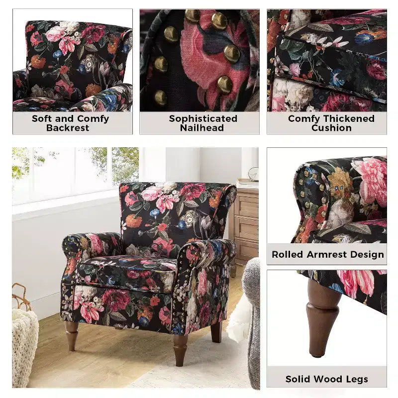 Fauteuil traditionnel Araceli en bois, rembourré à motif floral, avec dossier à oreilles et bordure cloutée| ART OF LIVING DESIGNS