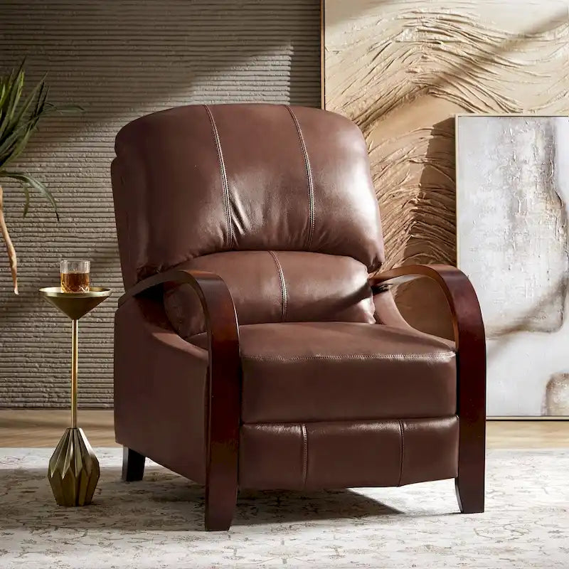 Alex moderner Relaxsessel im Mid-Century-Stil aus echtem Zigarrenleder mit manueller Verstellung und geschwungenen Holzarmlehnen