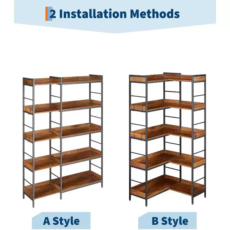 Eckregal in L-Form mit 5 Ebenen, 65 Industrie-Bücherregal aus Holz und Metall (Rustikales Braun), wendbarer Stauraum für Wohnzimmer, Schlafzimmer und Heimbüro