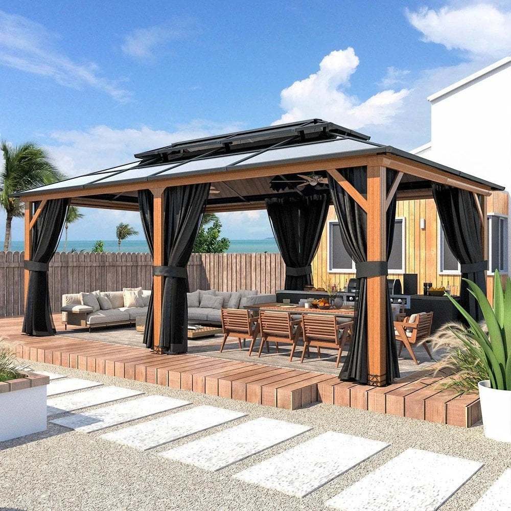 EROMMY Hardtop Gazebo,Outdoor Pergola with Double Roof & Netting & Curtains,Heavy Duty Canopy for Patio, Backyard, Pool party