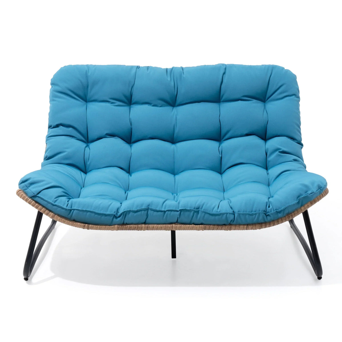 Fauteuil double Papasan avec coussin, rotin PE toutes saisons et structure en métal, pour intérieur et extérieur