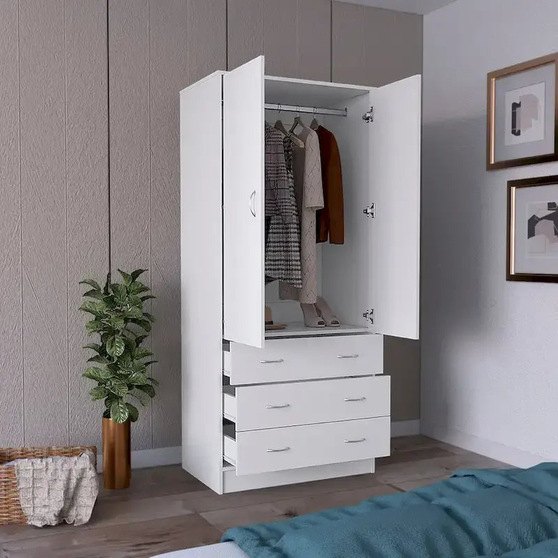 Moderner zweitüriger Kleiderschrank mit 3 Schubladen und 1 Kleiderstange fürs Schlafzimmer