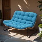 Fauteuil double Papasan avec coussin, rotin PE toutes saisons et structure en métal, pour intérieur et extérieur