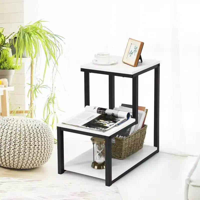 3-Tier Industrial End Table with Shelves, Sofa Side Table & Nightstand, White