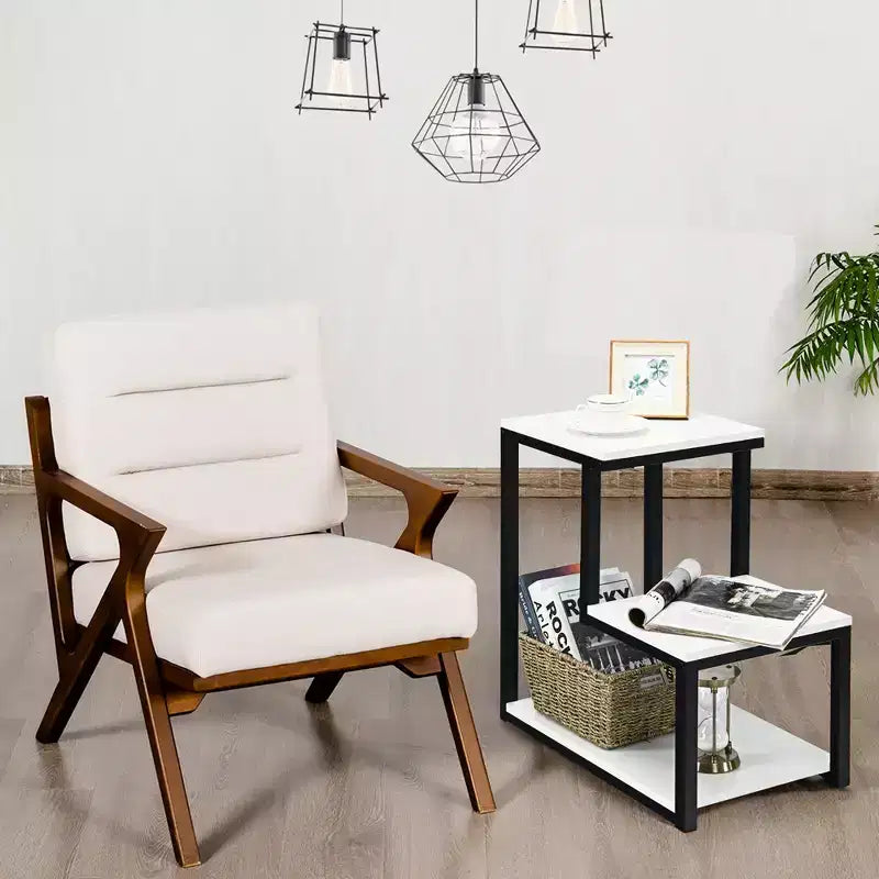 3-Tier Industrial End Table with Shelves, Sofa Side Table & Nightstand, White