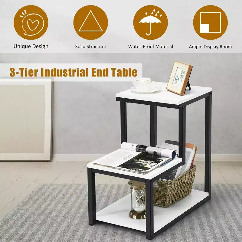 3-Tier Industrial End Table with Shelves, Sofa Side Table & Nightstand, White