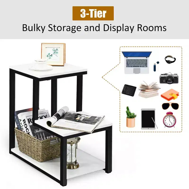 3-Tier Industrial End Table with Shelves, Sofa Side Table & Nightstand, White
